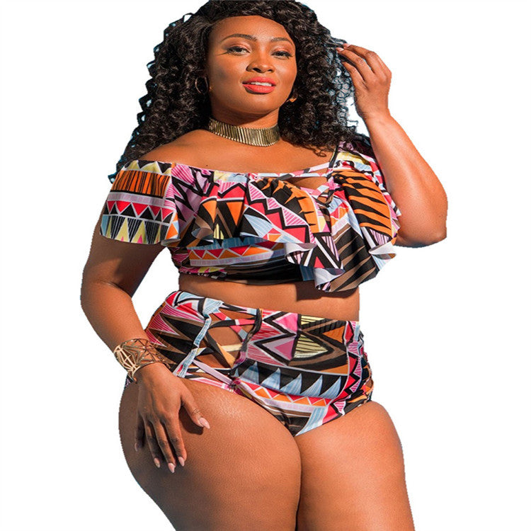 Large Size Swimsuit High Waist Printed Plus Sized Bikini One-Shoulder Multi-rope Swimsuit Hollow Split Swimsuit