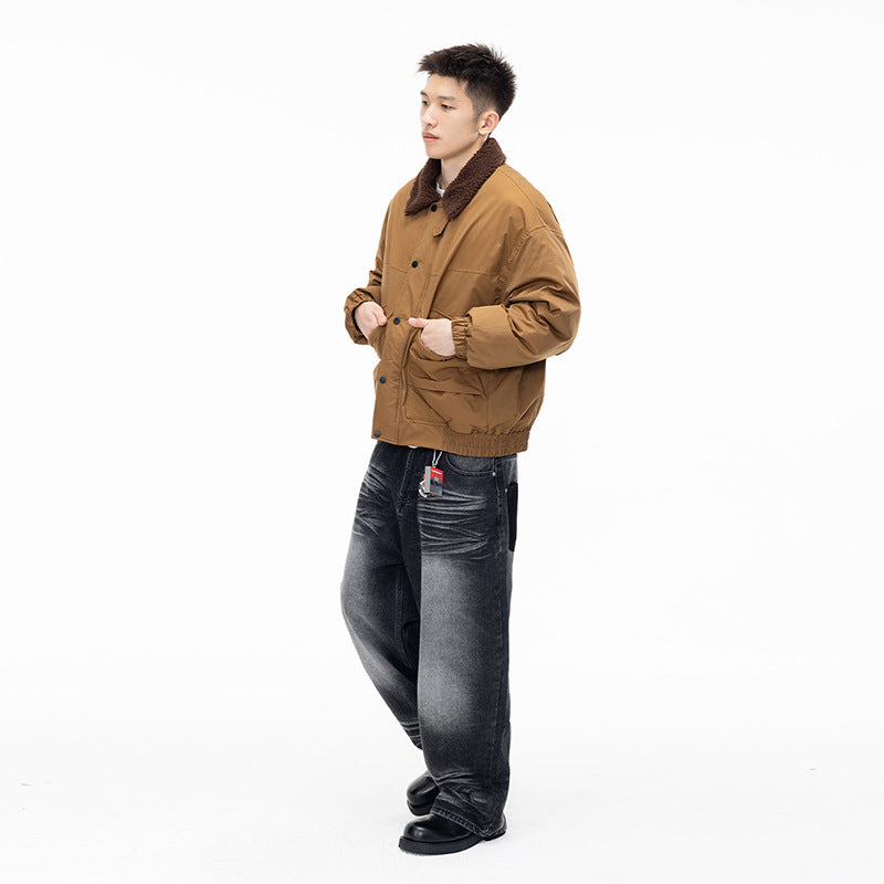 Retro Color-block Patchwork Lapel Buttoned Large Pocket Cotton Coat Jacket