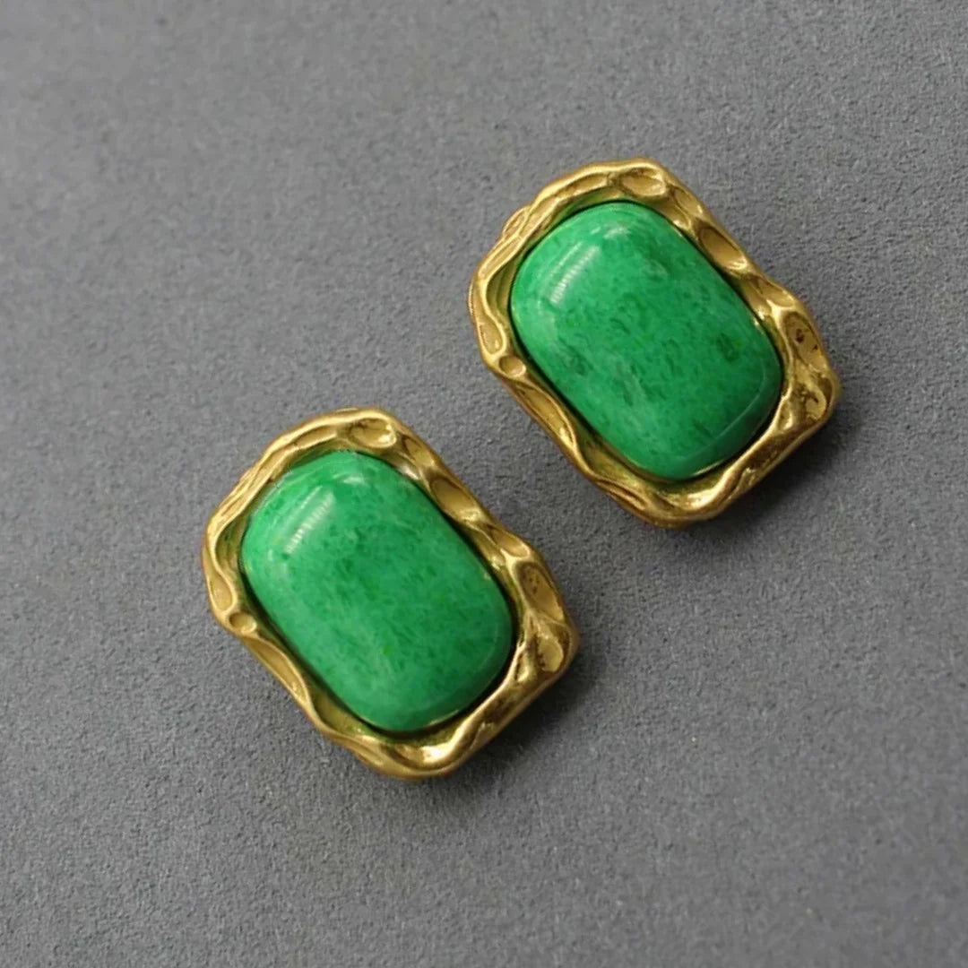 Medieval 925 silver needle earrings square green stone