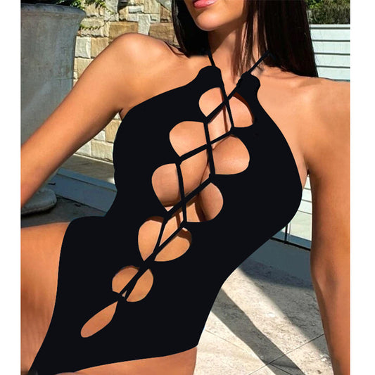 Hollow strap one-piece black swimsuit bikini