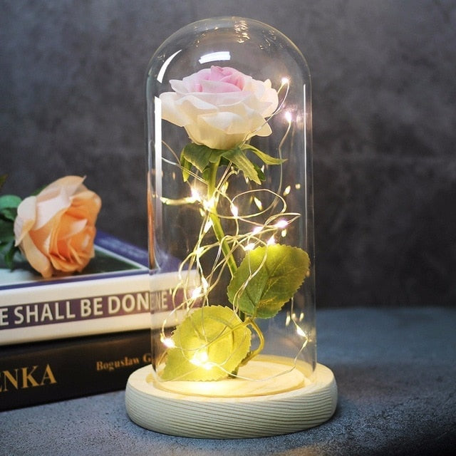 Rose In Flask Led Rose Flower Light Black Base Glass Dome