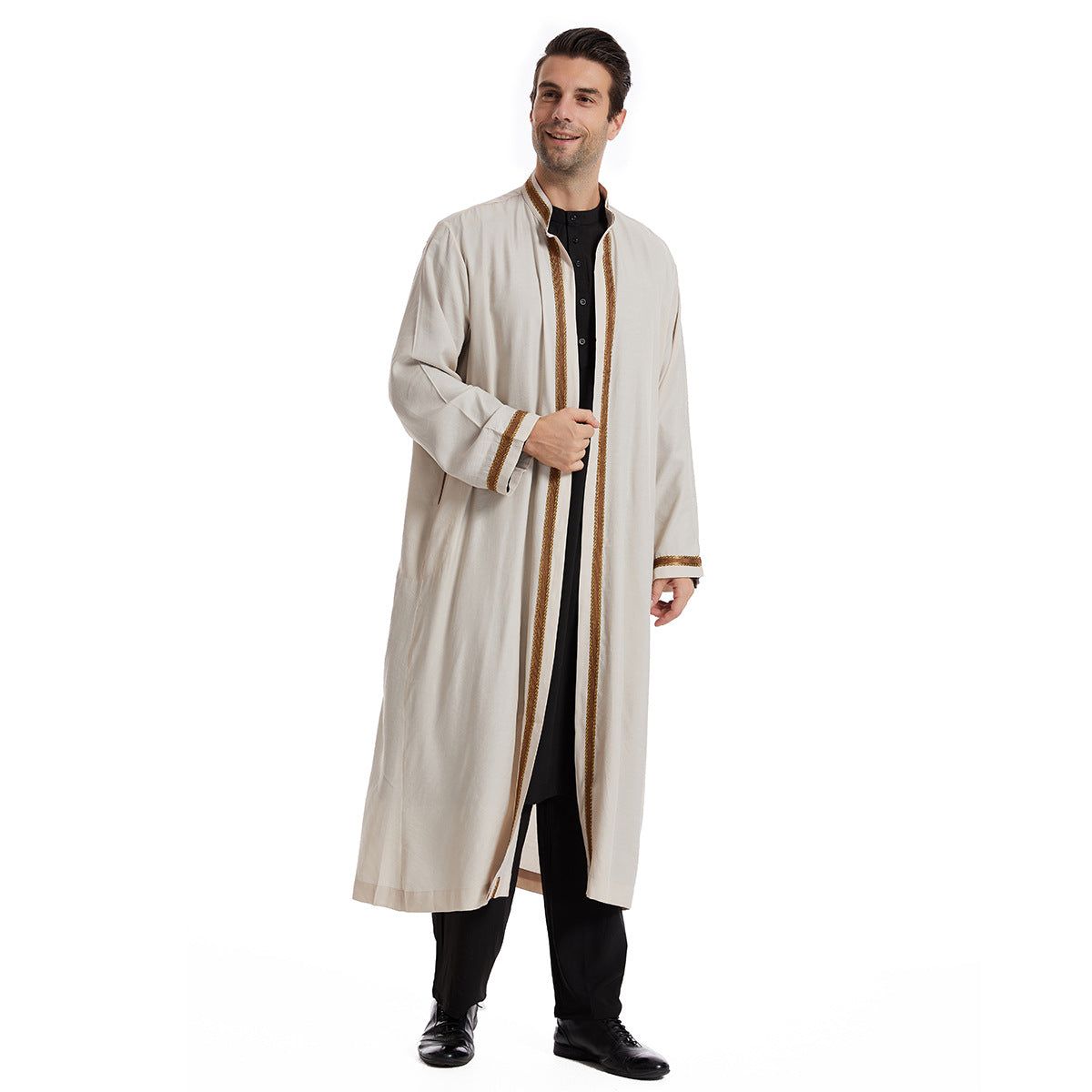 Men Open Abaya Saudi Jubba Thobe Islamic Clothing Ramadan Kimono Long Sleeve Robe Caftan Dubai Stand Collar Arabic