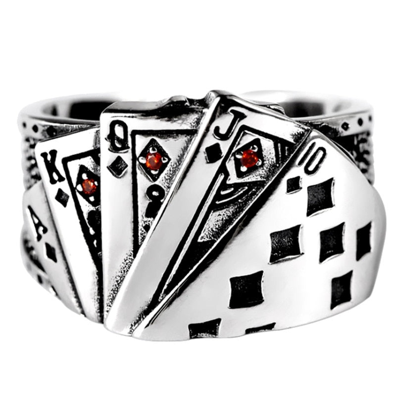 Playing Card Chunky Cubic Zirconia Engraved Adjustable 925 Sterling Silver Ring
