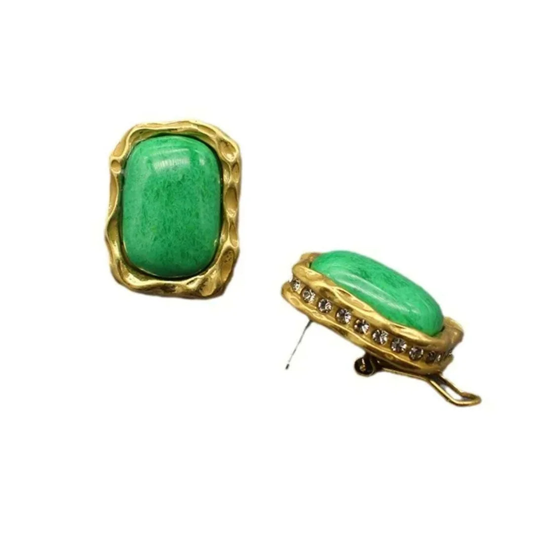 Medieval 925 silver needle earrings square green stone