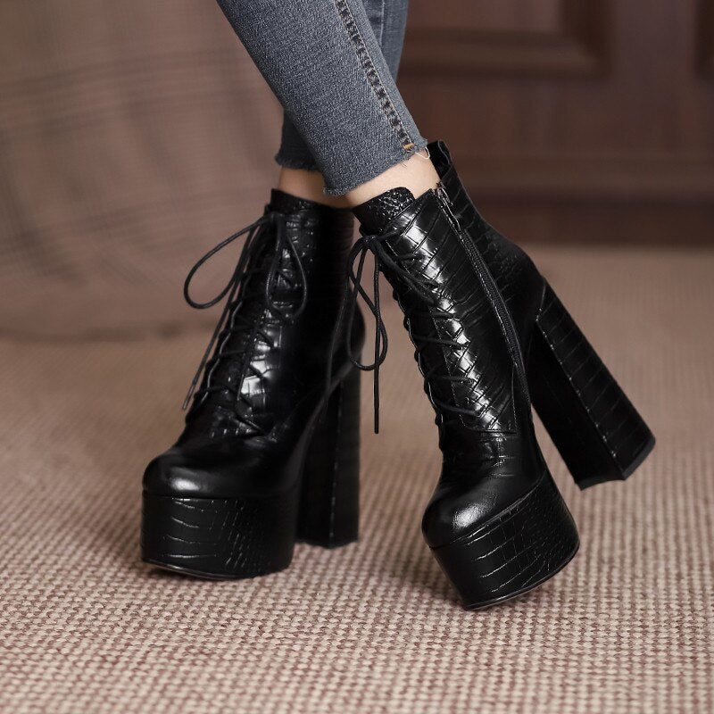 Ankle Boots Cross-Tied Genuine Leather High Heels Shoes