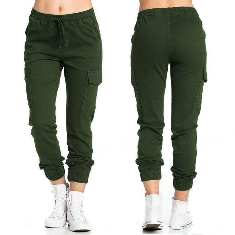 Solid Color Jogger Cargo Pants Multi-Pocket Drawstring Elastic Waist Sports Pants