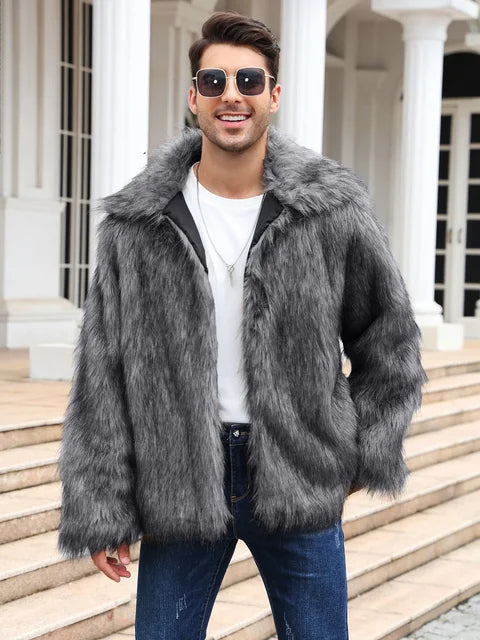 Men Faux Fox Fur Jacket Coat Winter Thick Fluffy Long Sleeve Lapel Warm Shaggy Outerwear Luxury Jacket Bontjas Jackets Mens