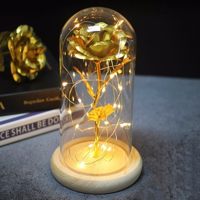 Rose In Flask Led Rose Flower Light Black Base Glass Dome