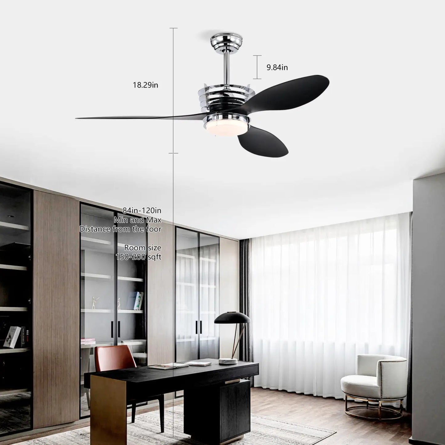 52" Modern Ceiling Fan with Light, 3 ABS Blades, DC Remote Control