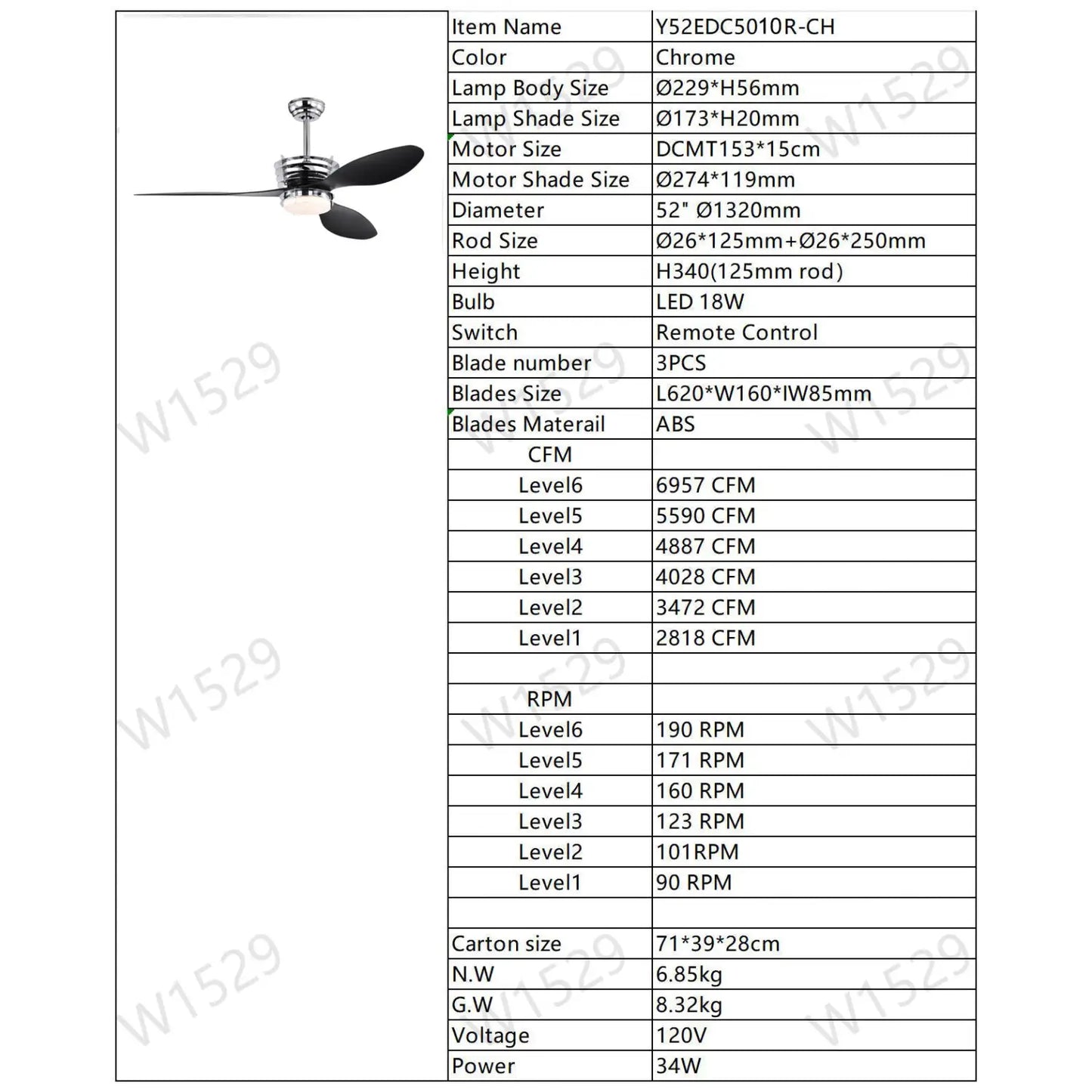 52" Modern Ceiling Fan with Light, 3 ABS Blades, DC Remote Control