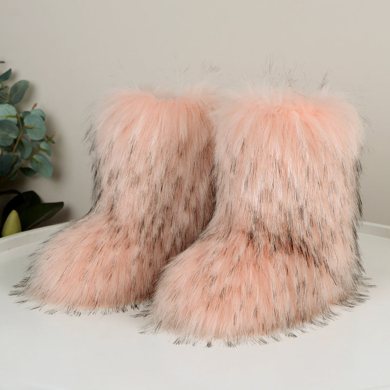 Fuzzy Fluffy Fur Boots Plush lining Slip-on Rubber Flat Footwear