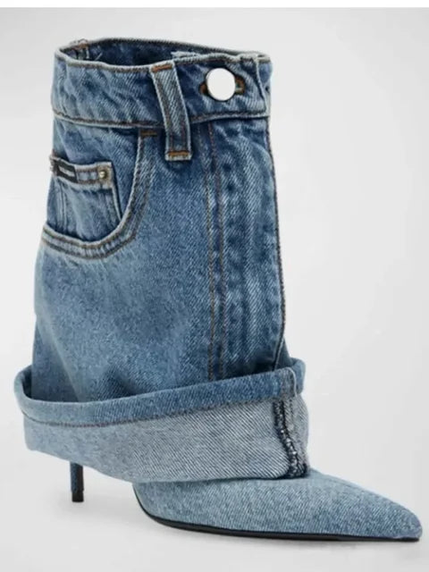 Denim Fine High Heel Boots Fashion Pointed Short Boots