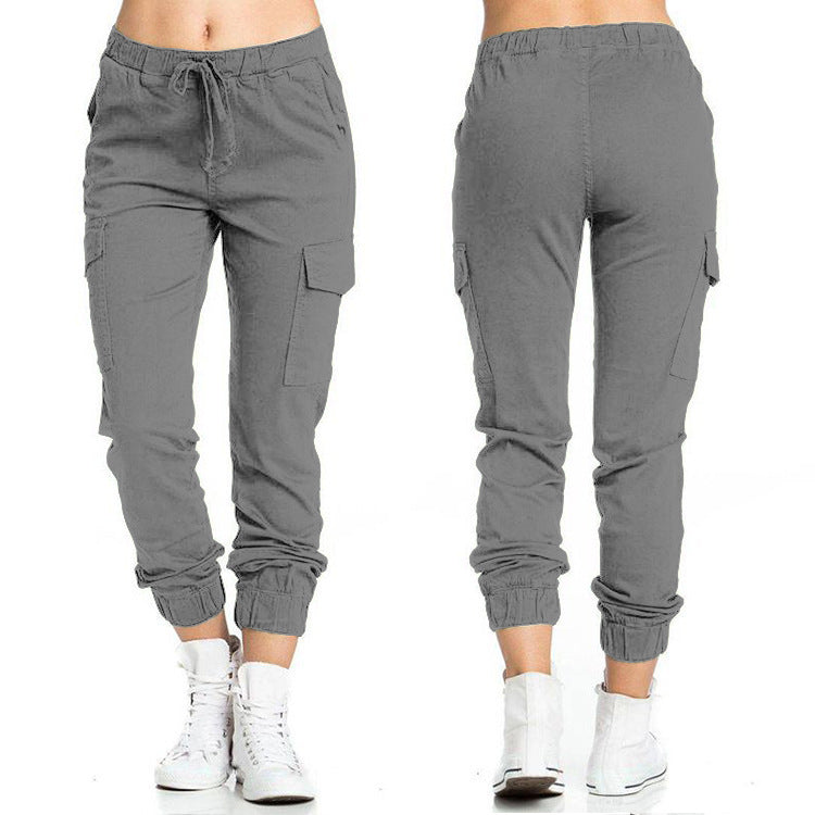 Solid Color Jogger Cargo Pants Multi-Pocket Drawstring Elastic Waist Sports Pants