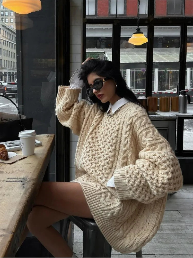 Texture Loose Knitted Sweater Round Neck Casual Twists Pullover Sweaters Vintage Thickened Knitwear Autumn Winter Top