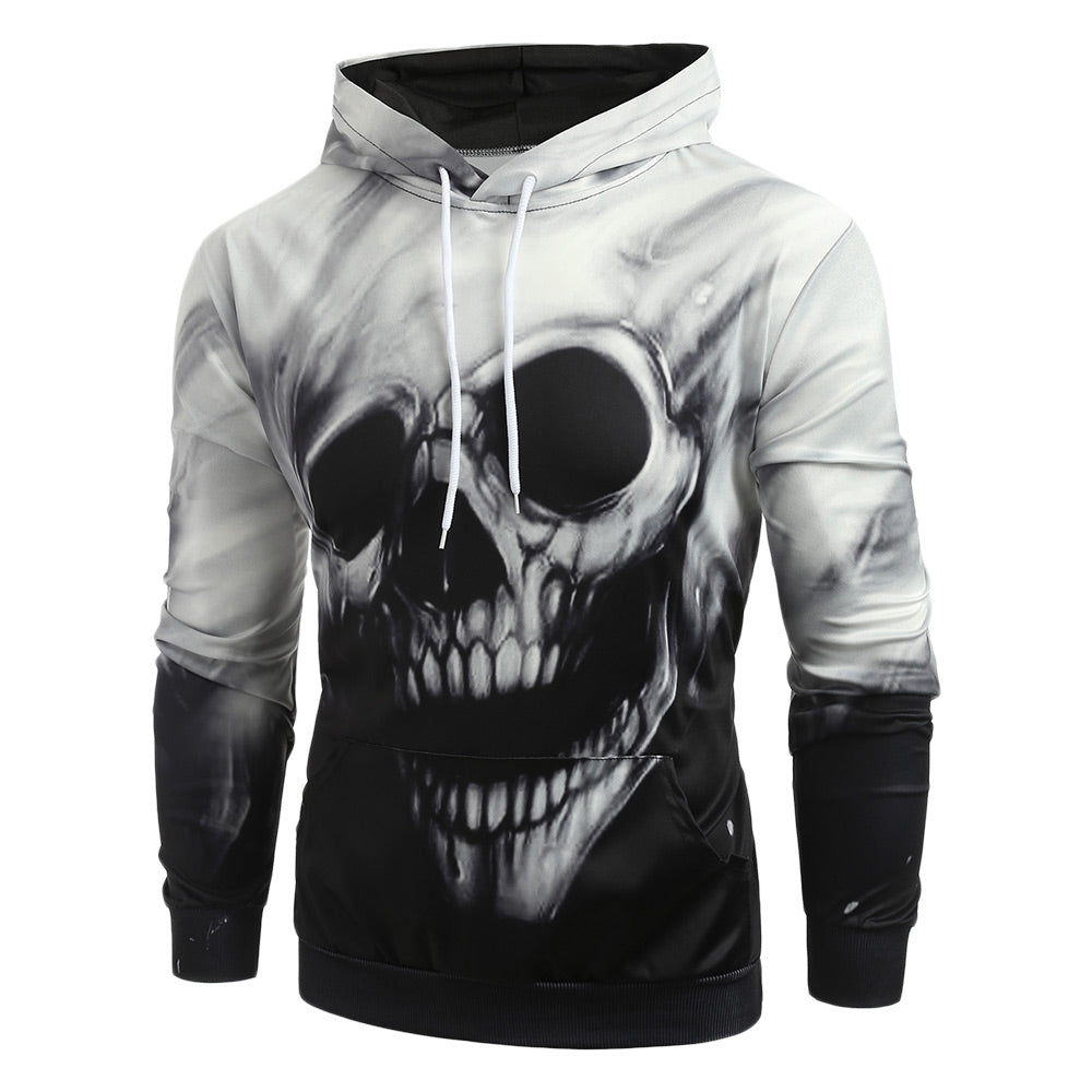 3D Printed Skull Print Long Sleeve Kangaroo Pocket Hoodie