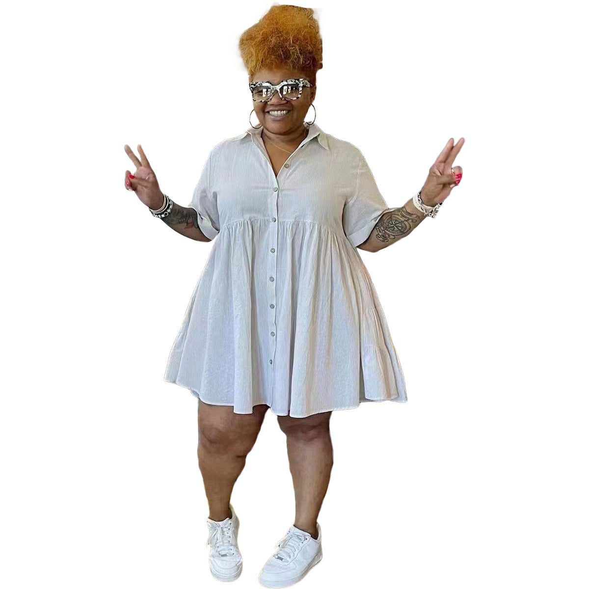 Single-Breasted Plus Size Cotton and Linen Dress