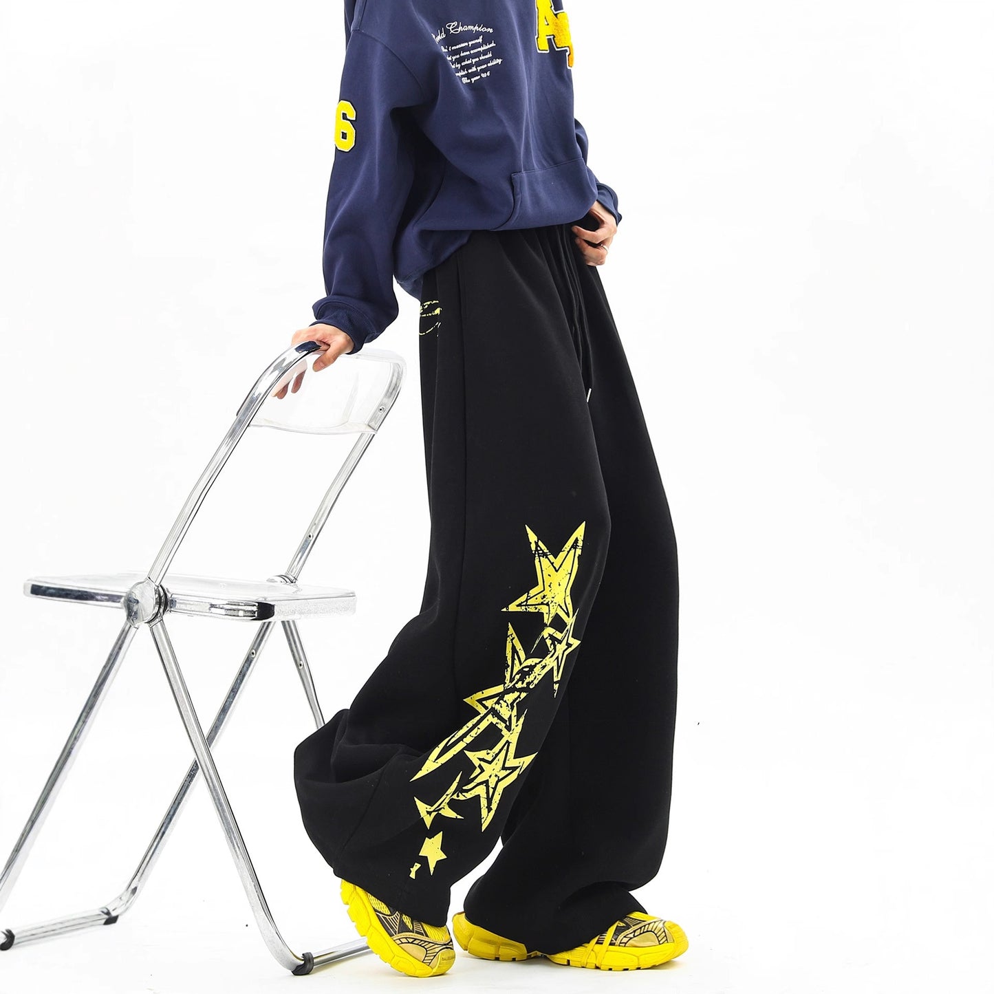 Retro Street Style Graffiti Star Distressed Sweatpants Unisex Autumn Winter Design Casual Straight Leg Oversized Long Pants