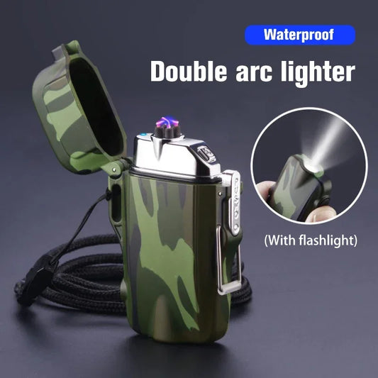 Dual Plasma Arc Lighter with Flashlight Waterproof USB Electric Cigarette Lighter Hiking Starter Turbo lighter