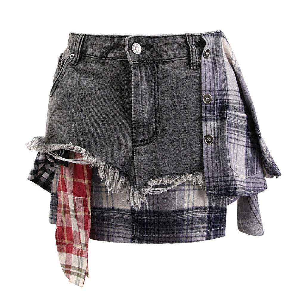 Denim high waisted short patchwork skirt