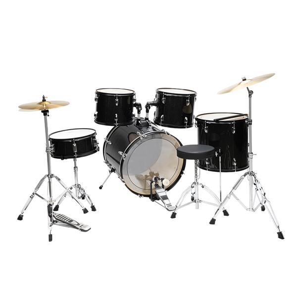 Full Size Drum Set 5-Piece Black with Bass Drum, two Tom Drum, Snare Drum, Floor Tom, 16" Ride Cymbal, 14" Hi-hat Cymbals, Stool, Drum Pedal, Sticks