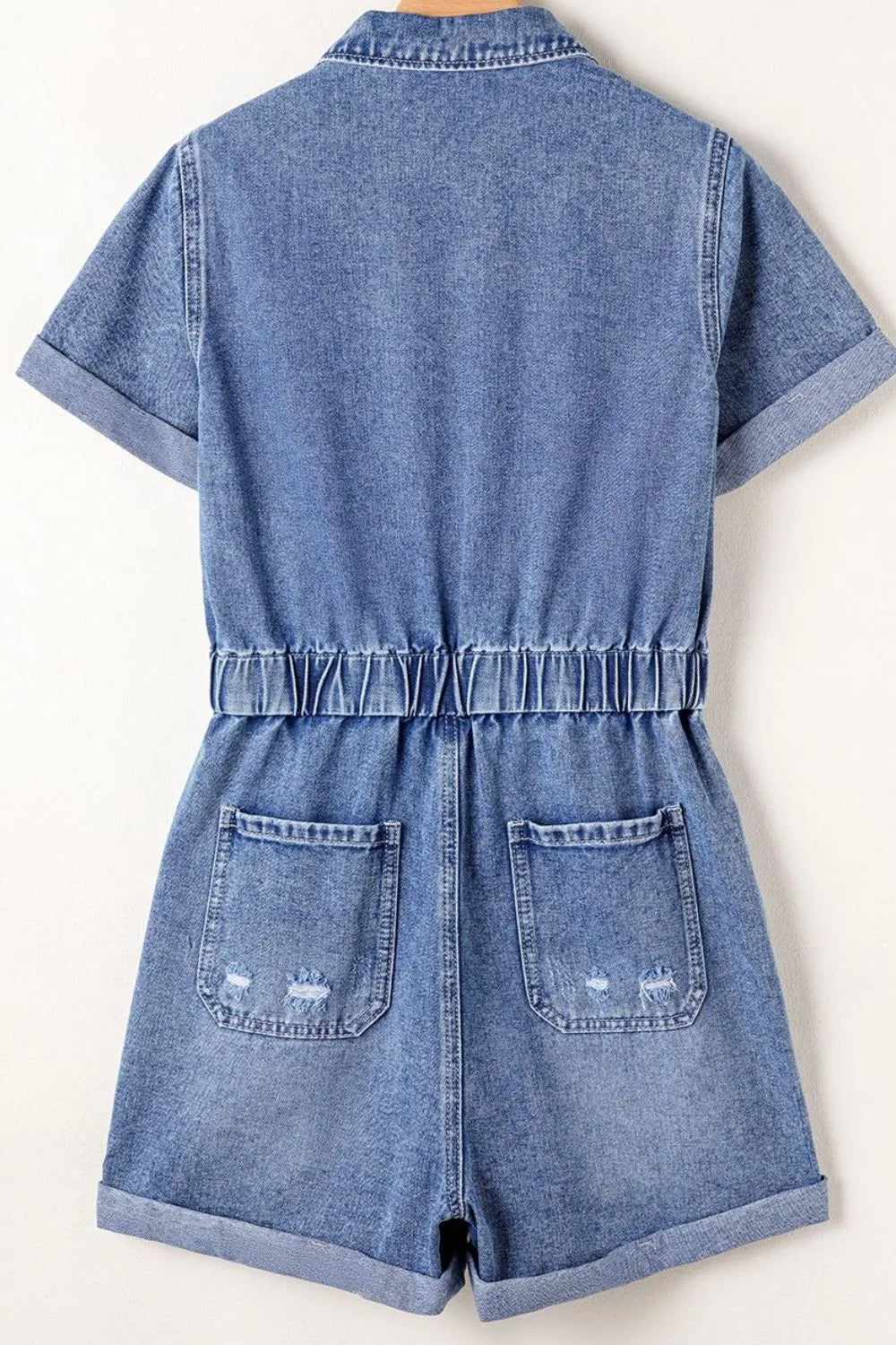 Chest Pocket Front Buttoned Folded Edge Denim Short Sleeve Romper