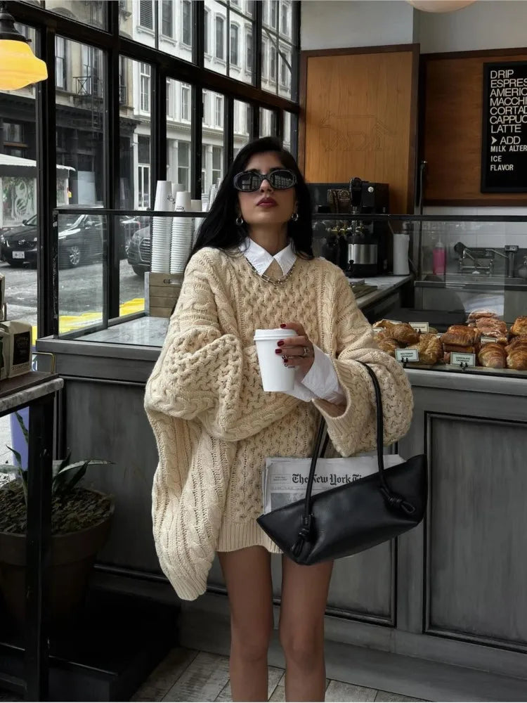 Texture Loose Knitted Sweater Round Neck Casual Twists Pullover Sweaters Vintage Thickened Knitwear Autumn Winter Top