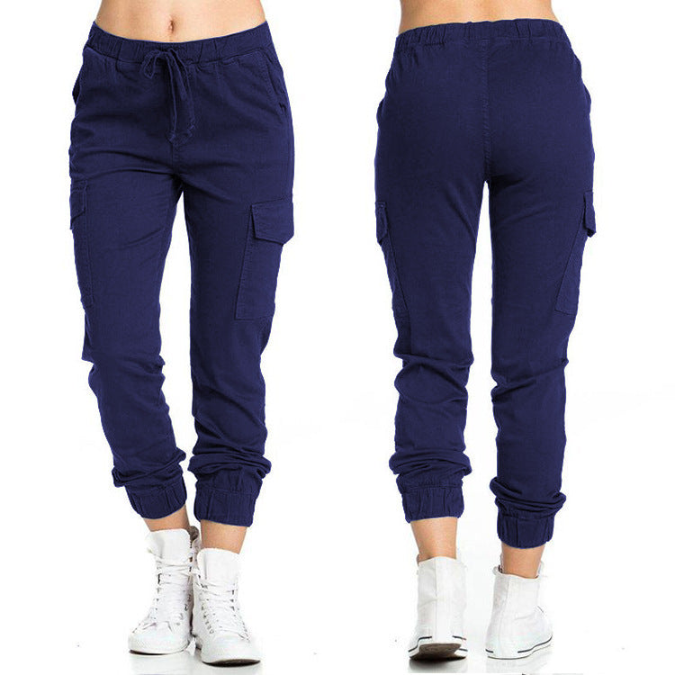 Solid Color Jogger Cargo Pants Multi-Pocket Drawstring Elastic Waist Sports Pants