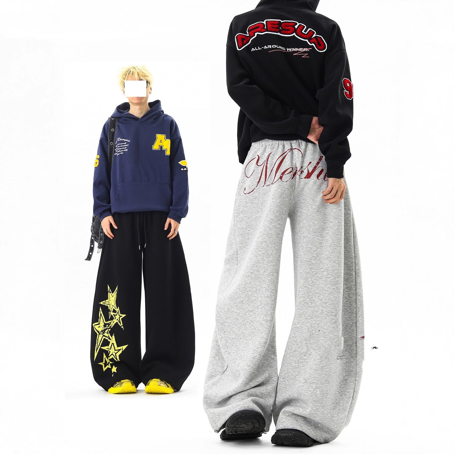 Retro Street Style Graffiti Star Distressed Sweatpants Unisex Autumn Winter Design Casual Straight Leg Oversized Long Pants