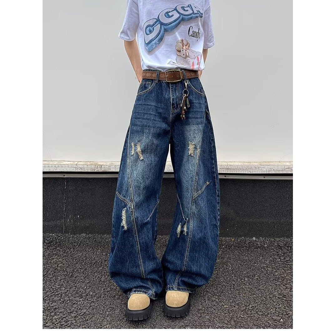 Deep blue wide leg ripped denim micro flared pants