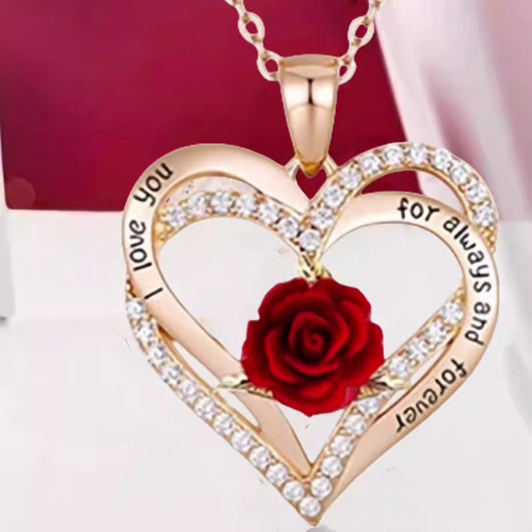 Double-layer heart-shaped pendant with roses, European and American fashionable love necklace