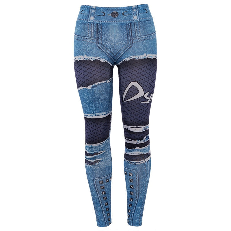 High Waist 3D Denim Print Blue Mesh Leggings