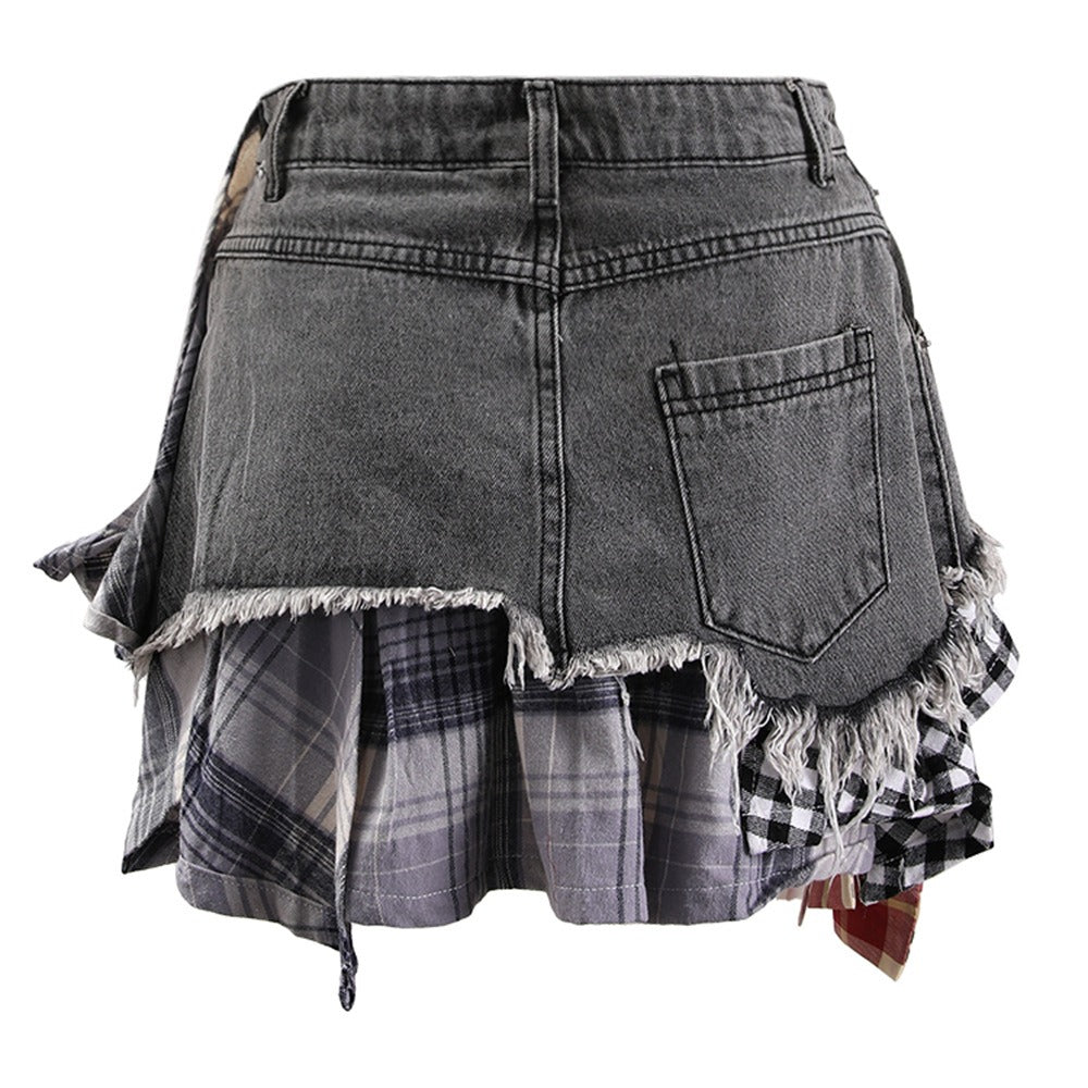 Denim high waisted short patchwork skirt
