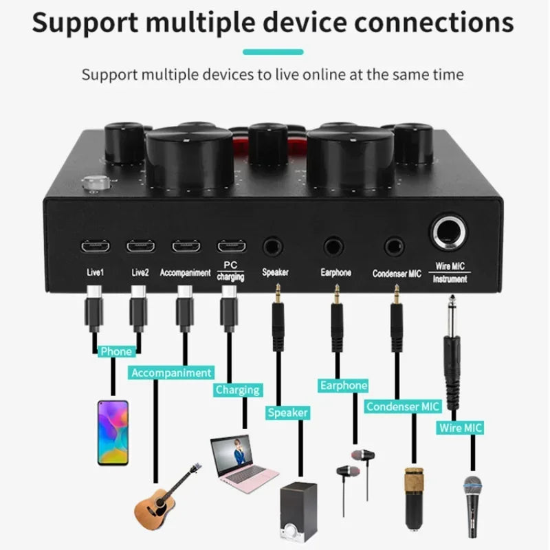 V8 Professional Sound Card Streaming Live Broadcast Podcast Recording Studio Equipment Voice Changer Audio Interface Sound Card kit