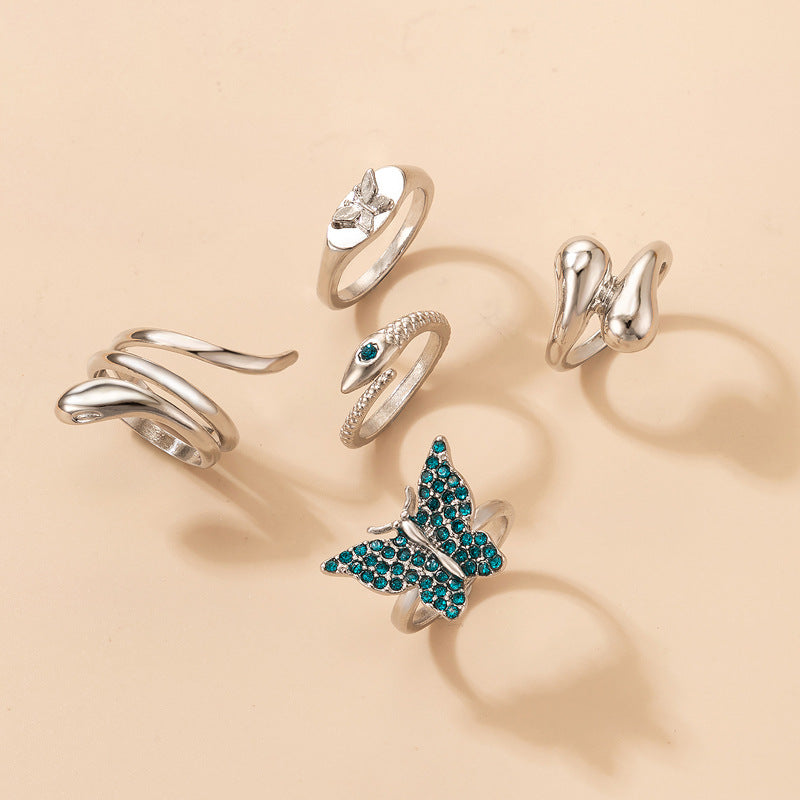 Blue Butterfly Diamond Ring Set of Five Snakes Ring Set