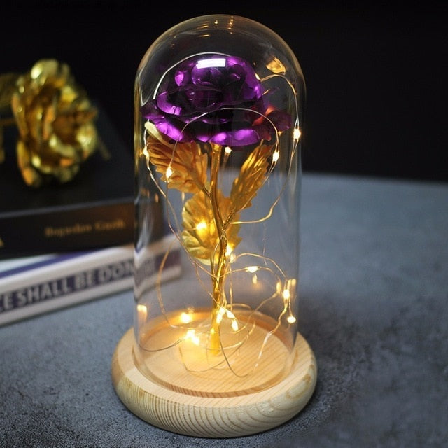 Rose In Flask Led Rose Flower Light Black Base Glass Dome