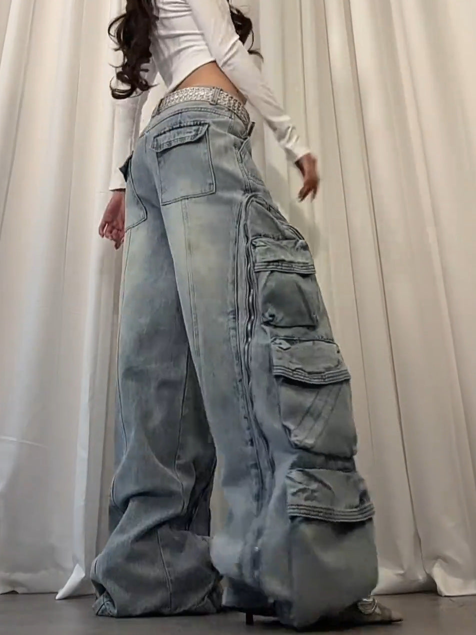 Washed Multi Pocket Jeans Straight Leg Loose Wide Leg Pants