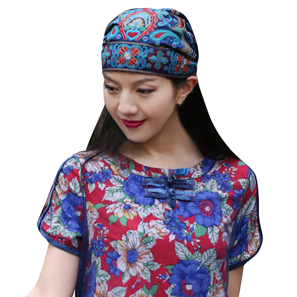 Vintage Embroidery Flowers Bandanas Red Print Hat