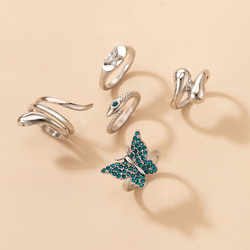 Blue Butterfly Diamond Ring Set of Five Snakes Ring Set