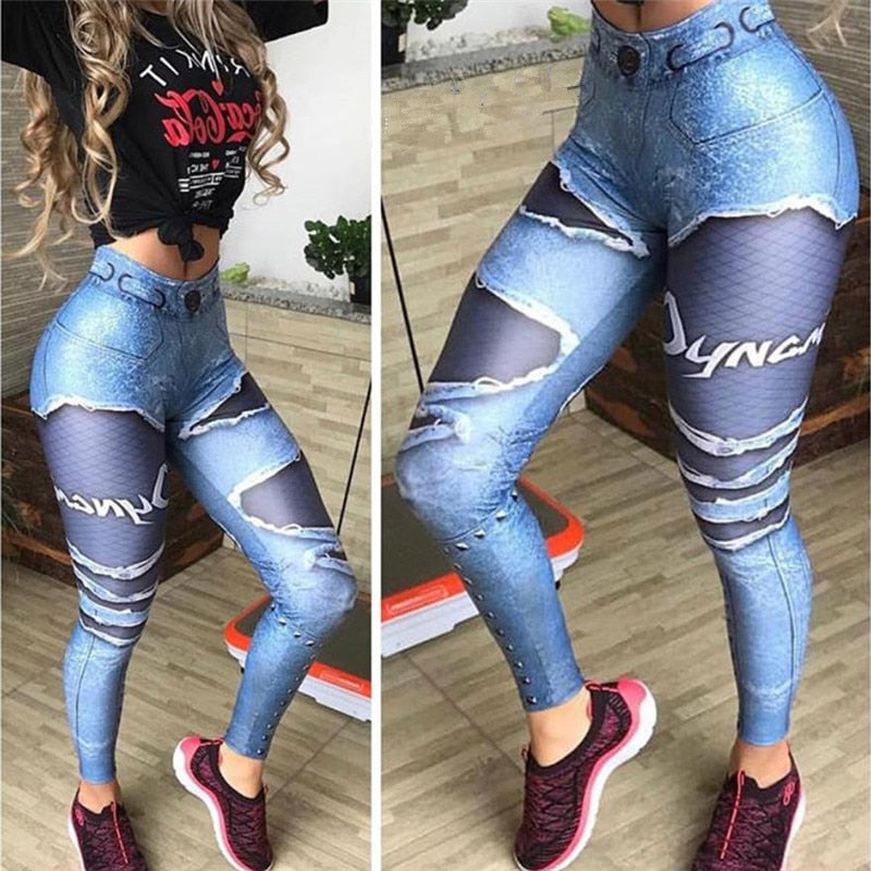 High Waist 3D Denim Print Blue Mesh Leggings