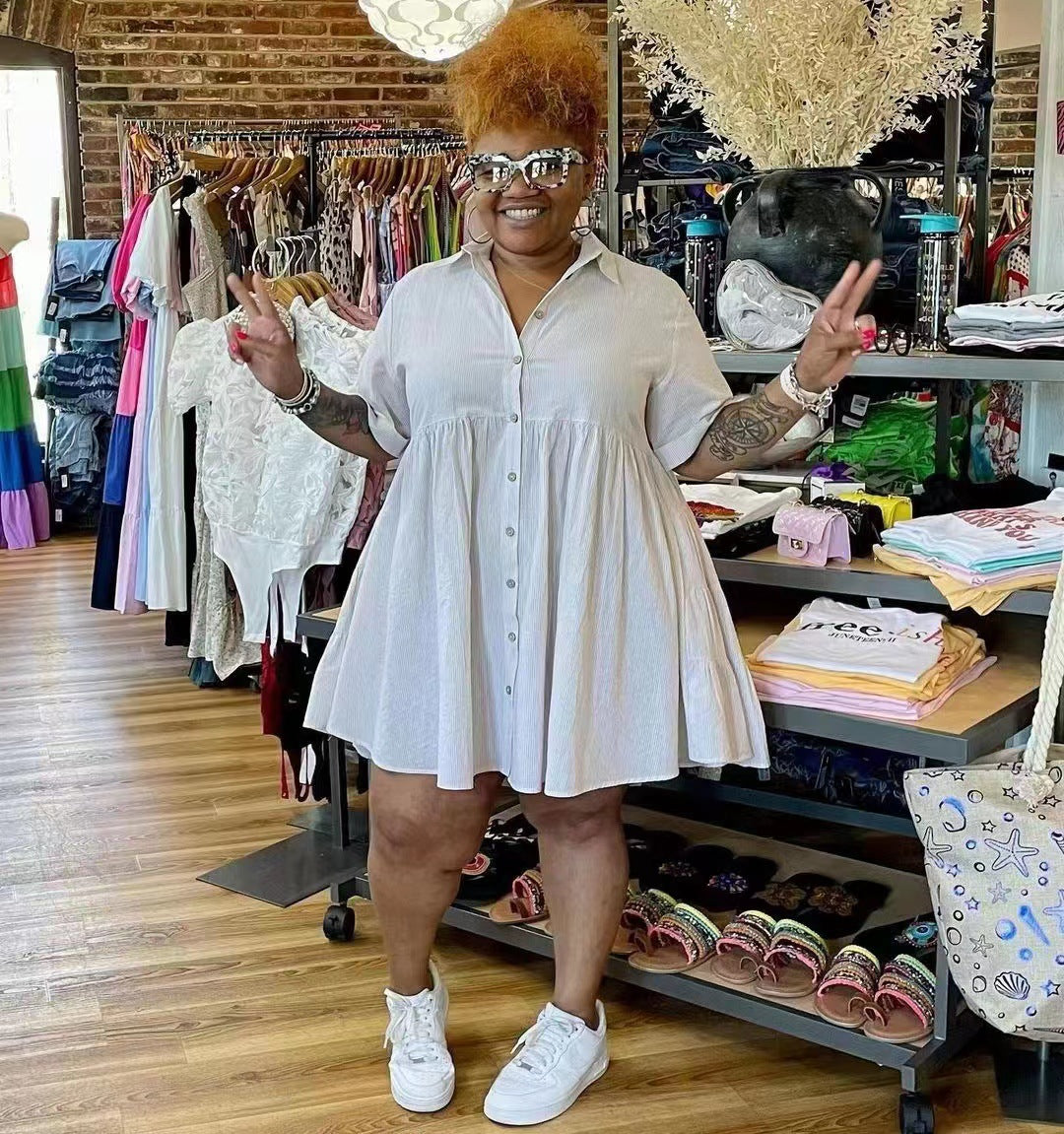 Single-Breasted Plus Size Cotton and Linen Dress