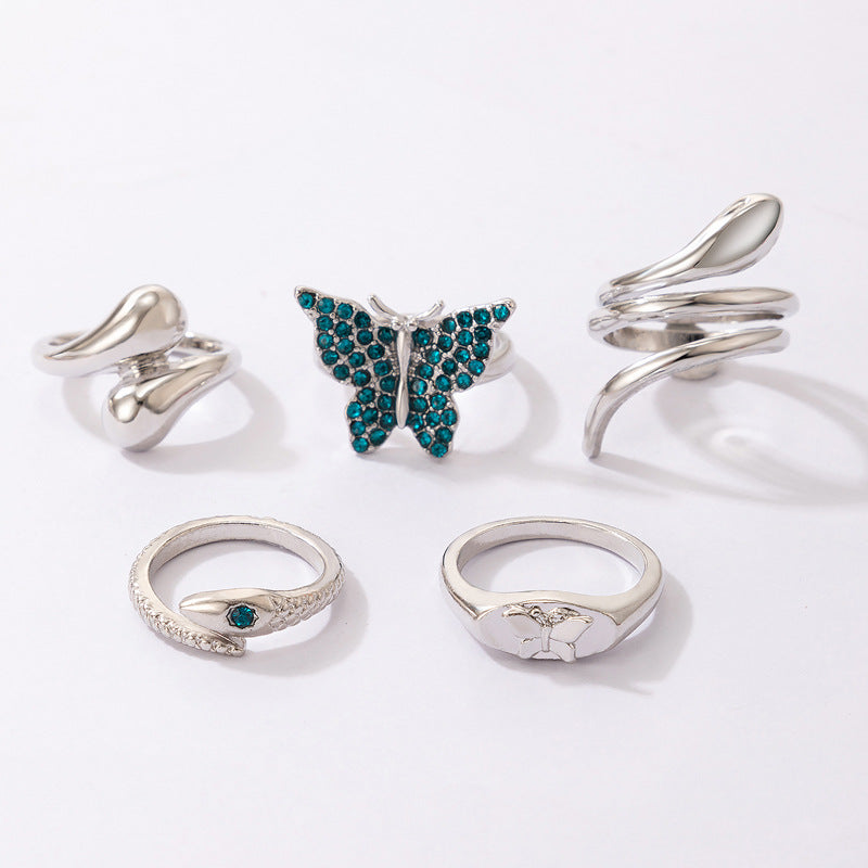 Blue Butterfly Diamond Ring Set of Five Snakes Ring Set