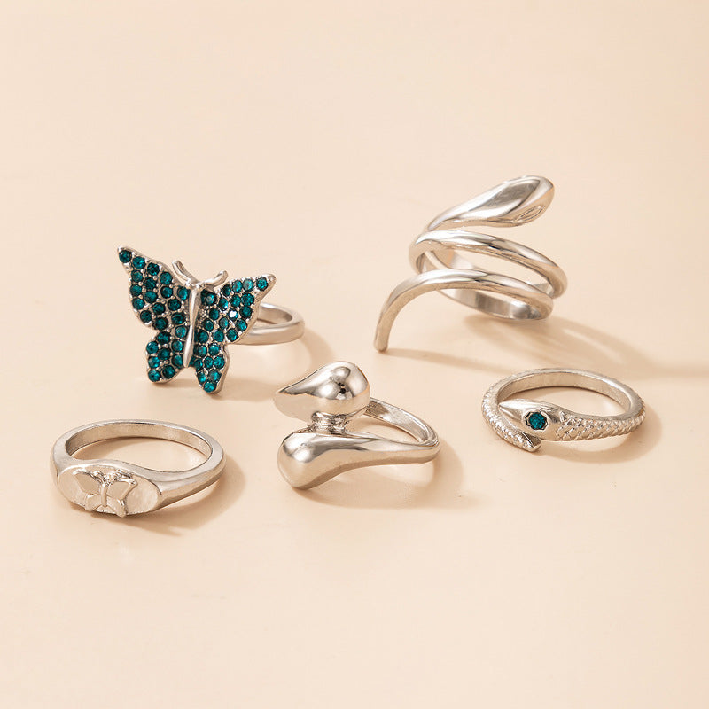 Blue Butterfly Diamond Ring Set of Five Snakes Ring Set