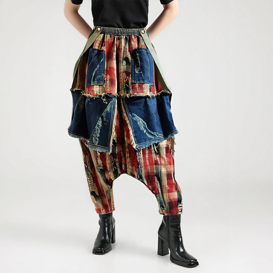 Retro Vintage Patchwork Plaid Denim High Waisted Shoulder Strap Baggy Pants