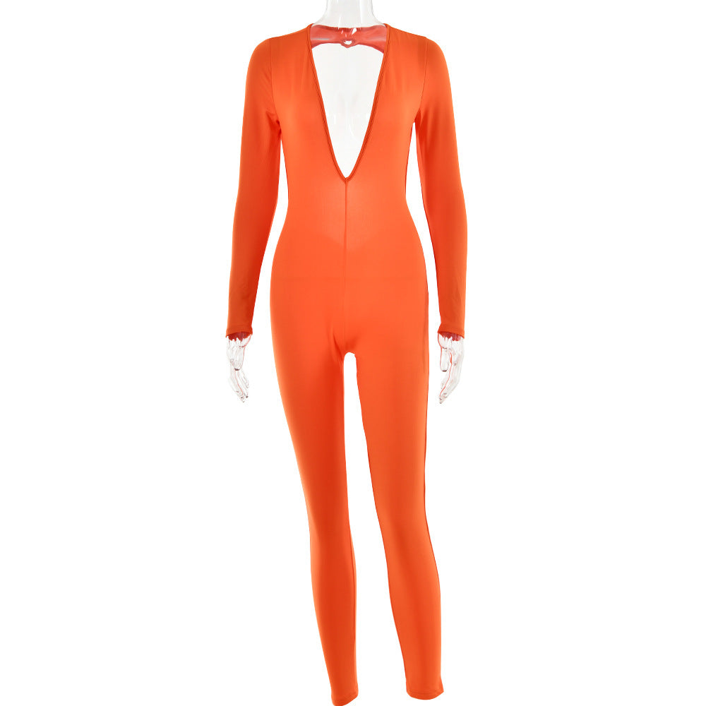 Deep V-Neck Long Sleeved Leggings Backless Tight Jumpsuit