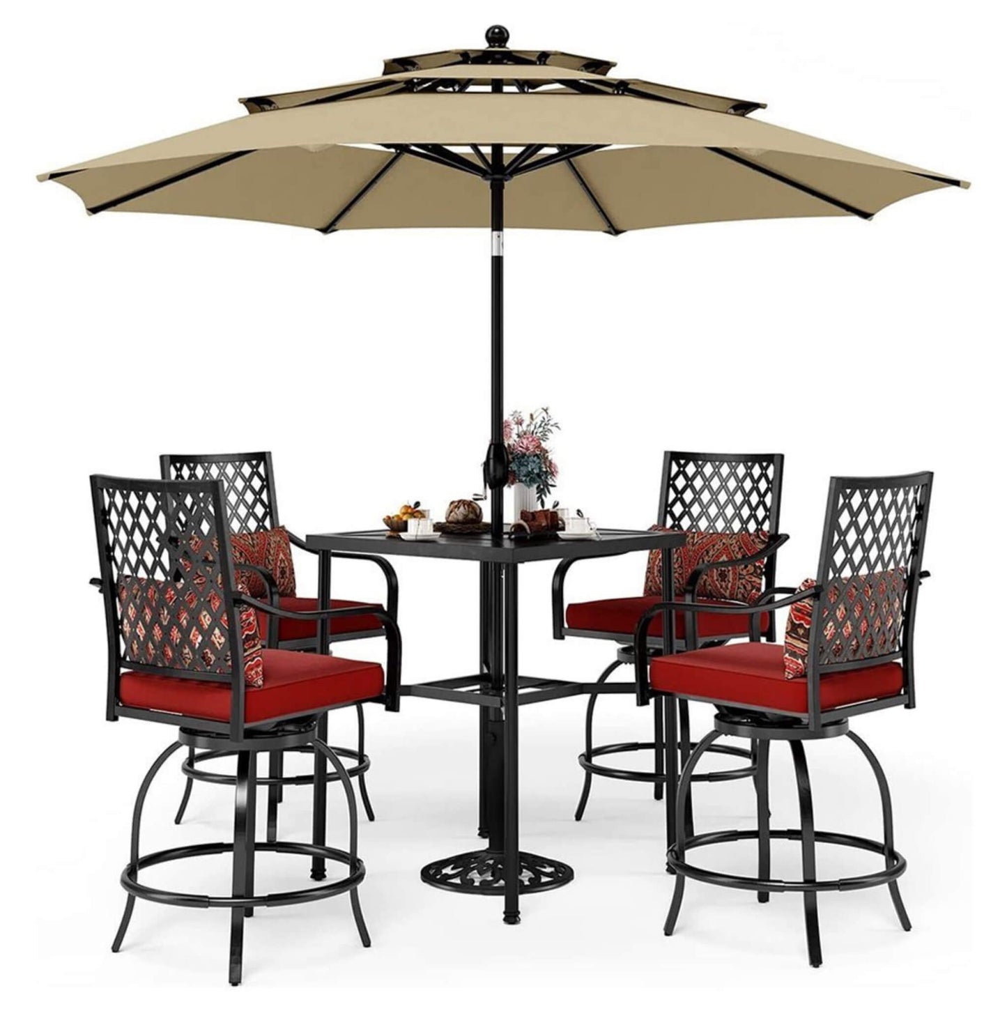 6PCS Outdoor Patio Bar Set Dining Table With Umbrella & Swivel Bar Stools (SAK53218)