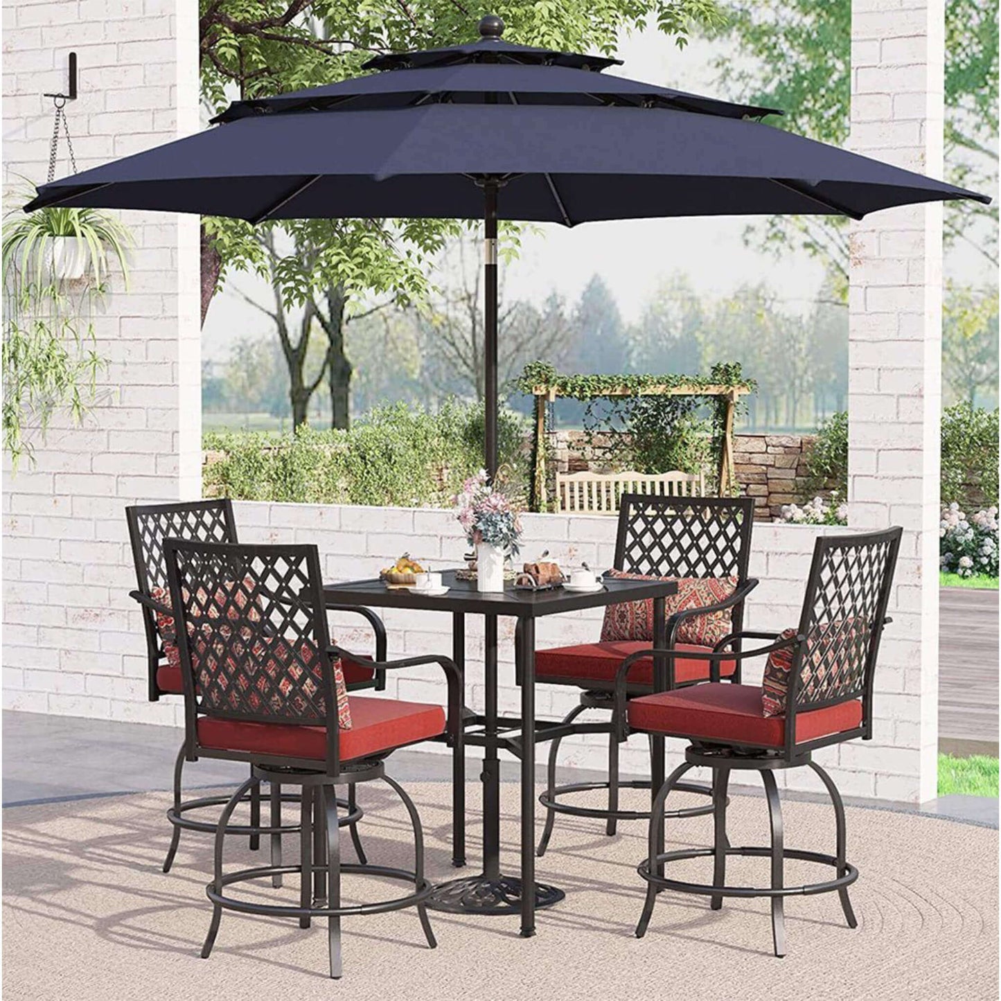 6PCS Outdoor Patio Bar Set Dining Table With Umbrella & Swivel Bar Stools (SAK53218)