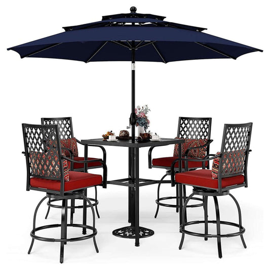 6PCS Outdoor Patio Bar Set Dining Table With Umbrella & Swivel Bar Stools (SAK53218)