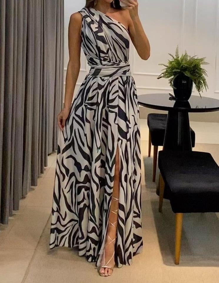 Loud back single shoulder sleeveless printed long dress