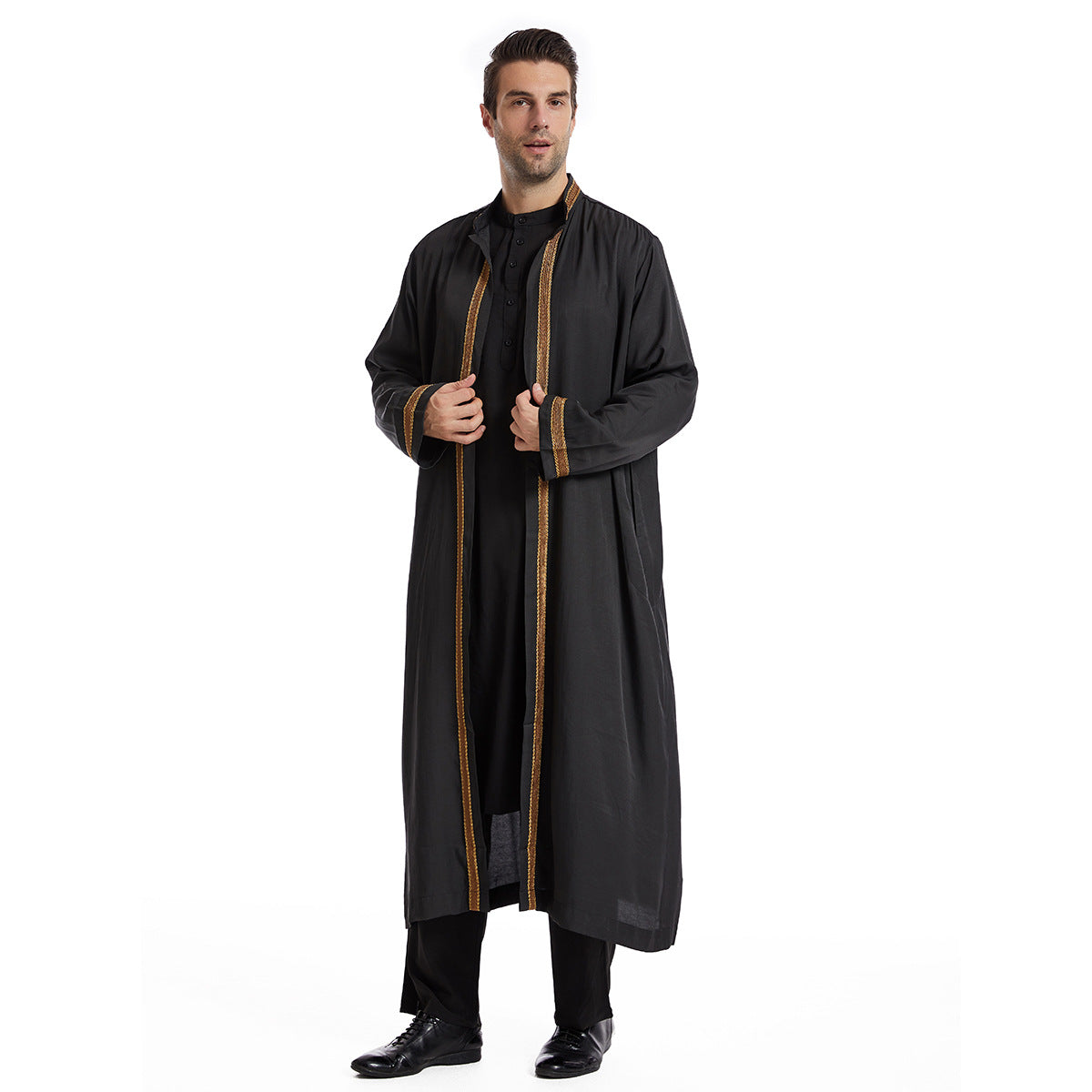 Men Open Abaya Saudi Jubba Thobe Islamic Clothing Ramadan Kimono Long Sleeve Robe Caftan Dubai Stand Collar Arabic