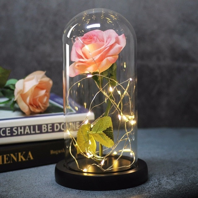 Rose In Flask Led Rose Flower Light Black Base Glass Dome
